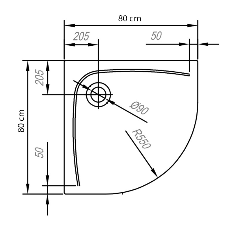 Cadita de dus semirotunda pentru inzidire, Kolpasan, Evelin R 80, R=55 cm, acril